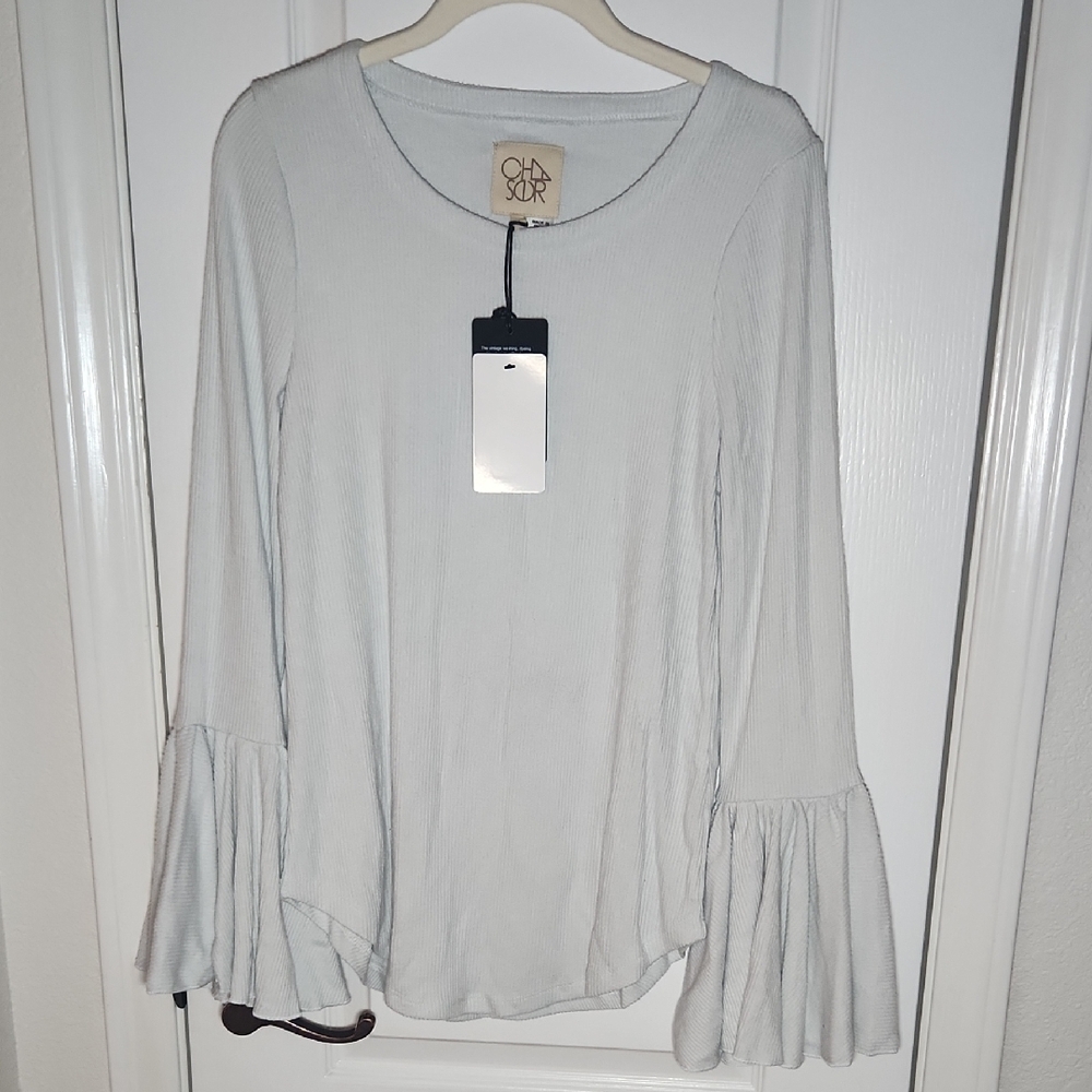 Chaser Light Gray Long Sleeve Ruffle Bell Sleeve Top